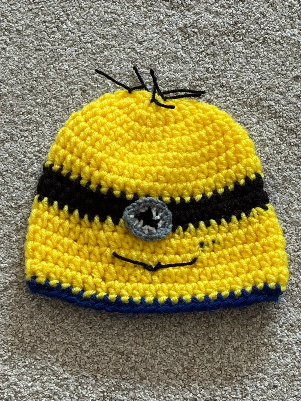 Kids Yellow Crochet Character Beanie with Black and Blue Accents